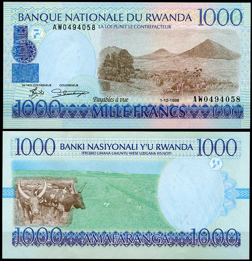 Руанда 1000 франков 1998 1 декабря 1998, вулкан, чайные плантации, коровы Pick 27 бумага UNC (пресс) 448-112-3