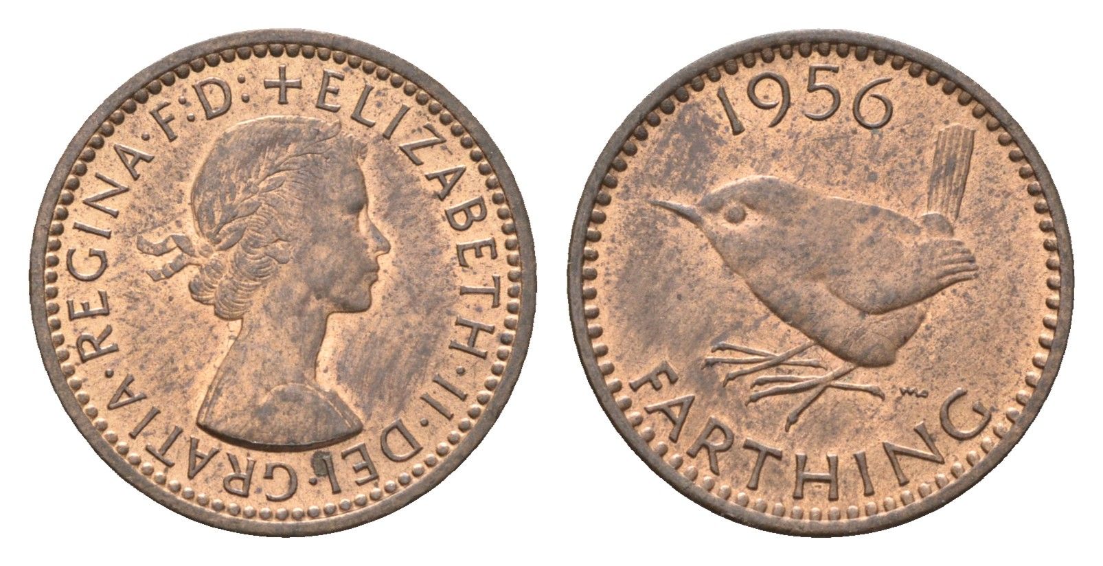 Великобритания 1 фартинг 1956 Елизавета II (1952-2022), редкий год KM 895, Spink 4159 бронза UNC 4659-836