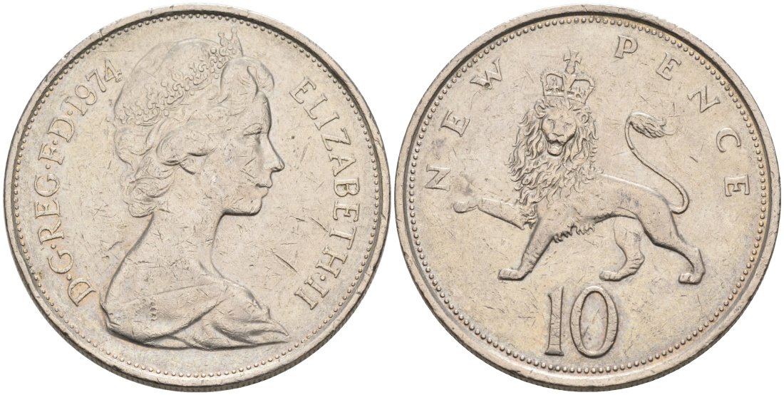 Великобритания 10 пенсов 1974 Елизавета II (1952-2022) KM 912, Spink 4231 (F1) медно-никель 4565-1245