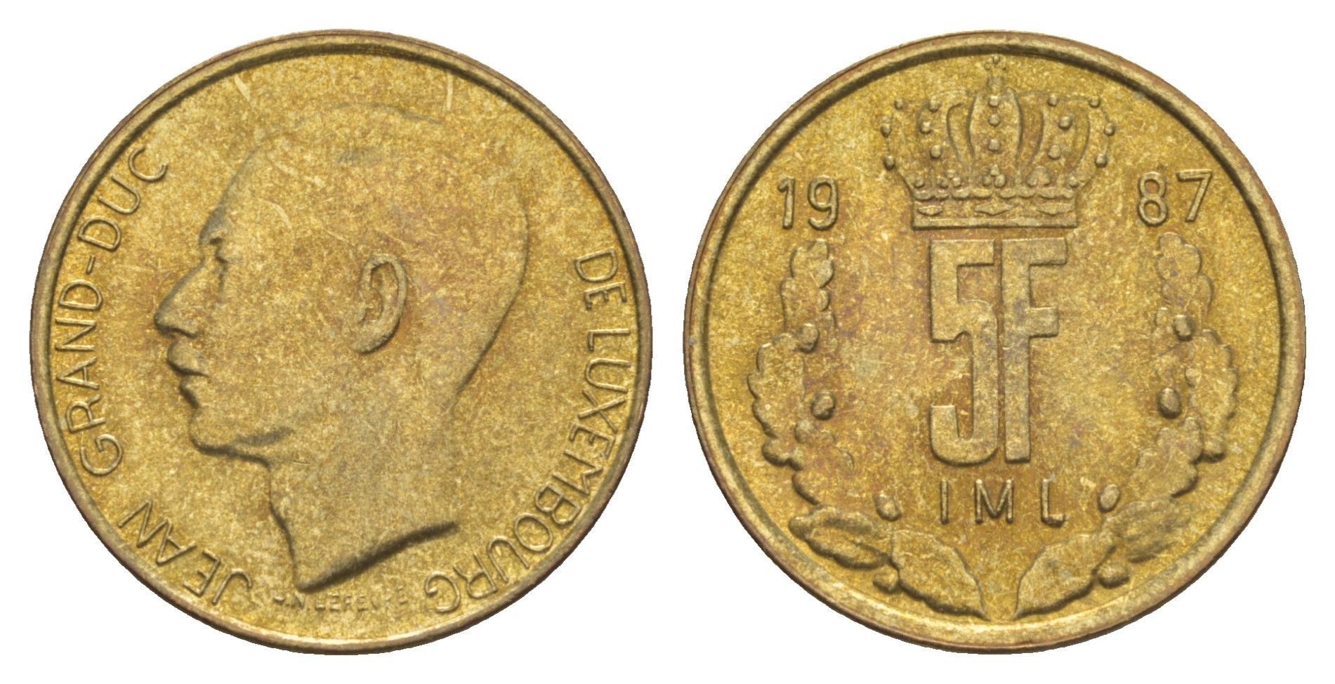 Люксембург 5 франков 1987 Герцог Жан (1964-1999) KM 60 алюминиевая бронза UNC 4641-1047