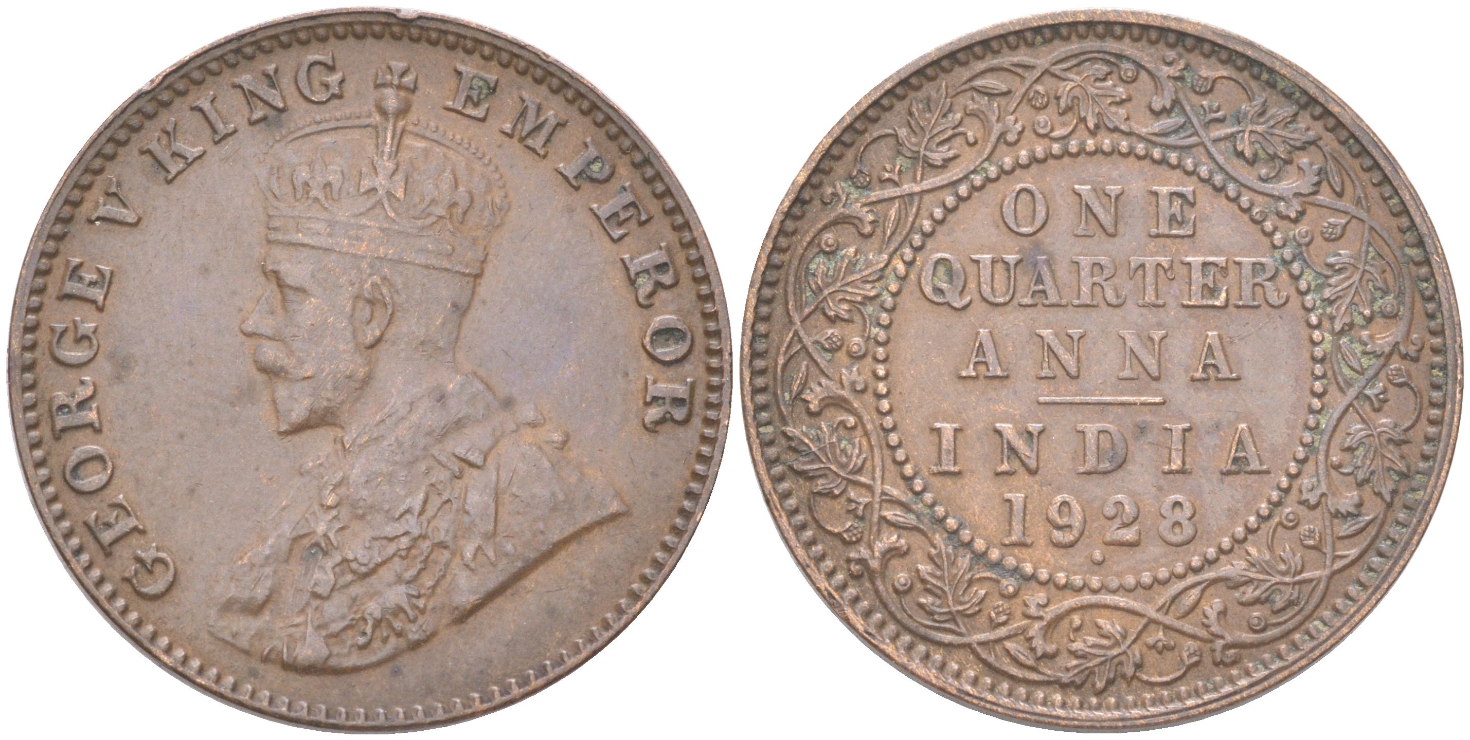 Британская Индия 1/4 анны 1928 KM 512 бронза 4620-1244