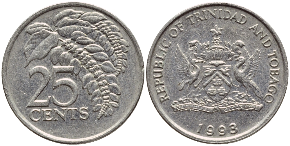 Тринидад и Тобаго 25 центов 1993 цветок дикая пуансеттия KM 32 медно-никель 4396-767