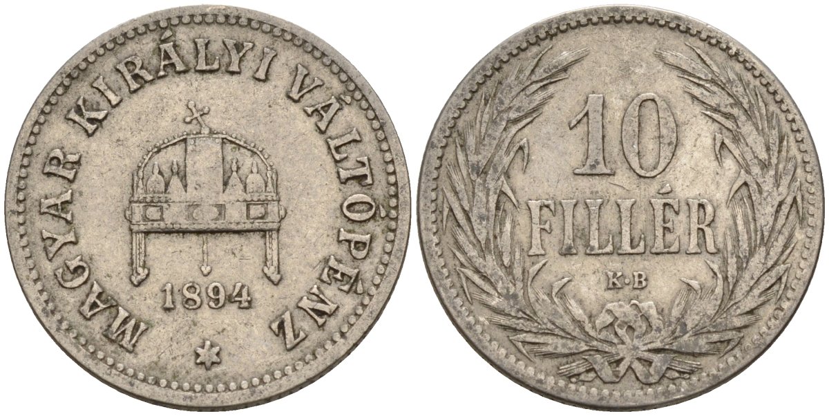 Венгрия 10 филлеров 1894 KB, Франц Иосиф I (1848-1916) KM 482 никель 4151-1061