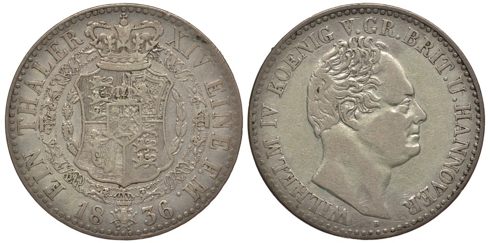 Брауншвейг-Каленберг-Ганновер 1 талер 1836 B, Вильгельм IV (1830-1837) КМ 172,  Dav. 665, J. 50 серебро    02-251-46