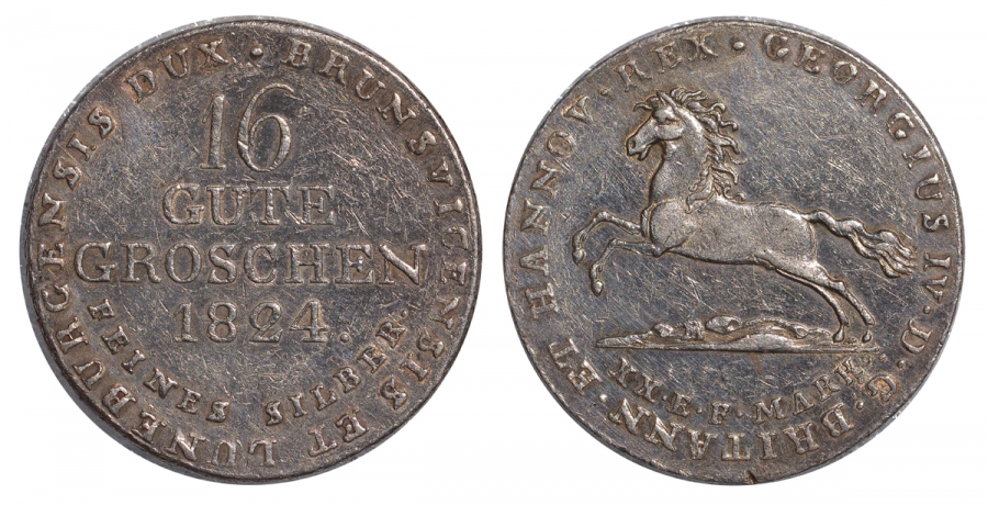 Брауншвейг-Каленберг-Ганновер 16 гутергрошей 1824 КМ 138, Welter 3016, AKS 38, Jaeger 23 h, Kahnt 207 серебро aUNC 00-1067-8-34