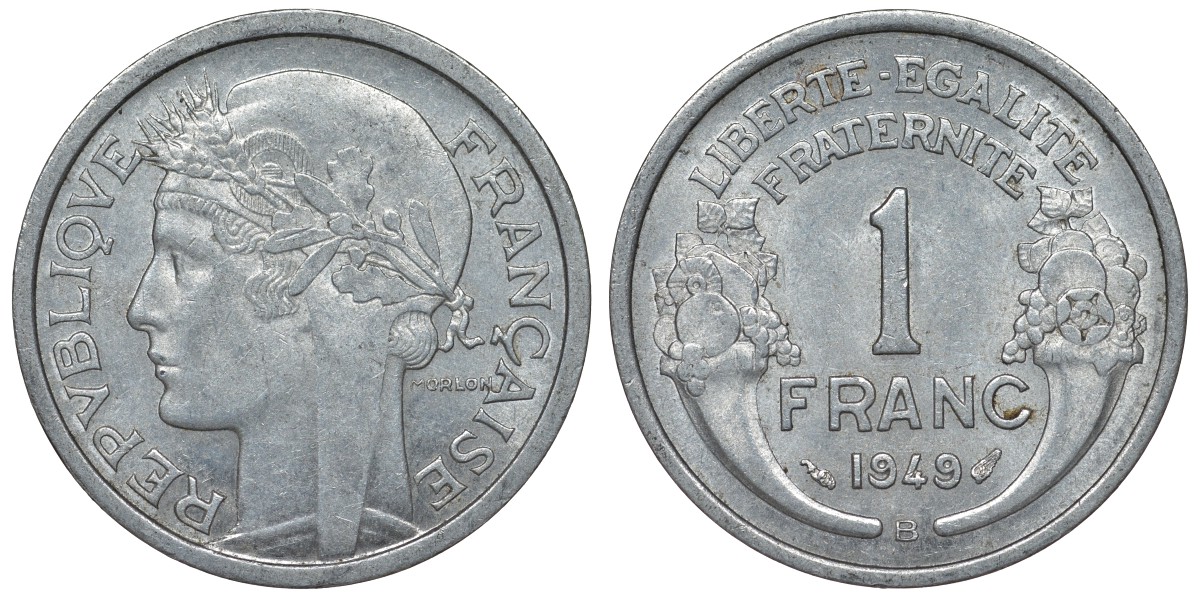 Франция 1 франк 1949 В KM 885а.2, Le Franc 221.16 алюминий 4128-331