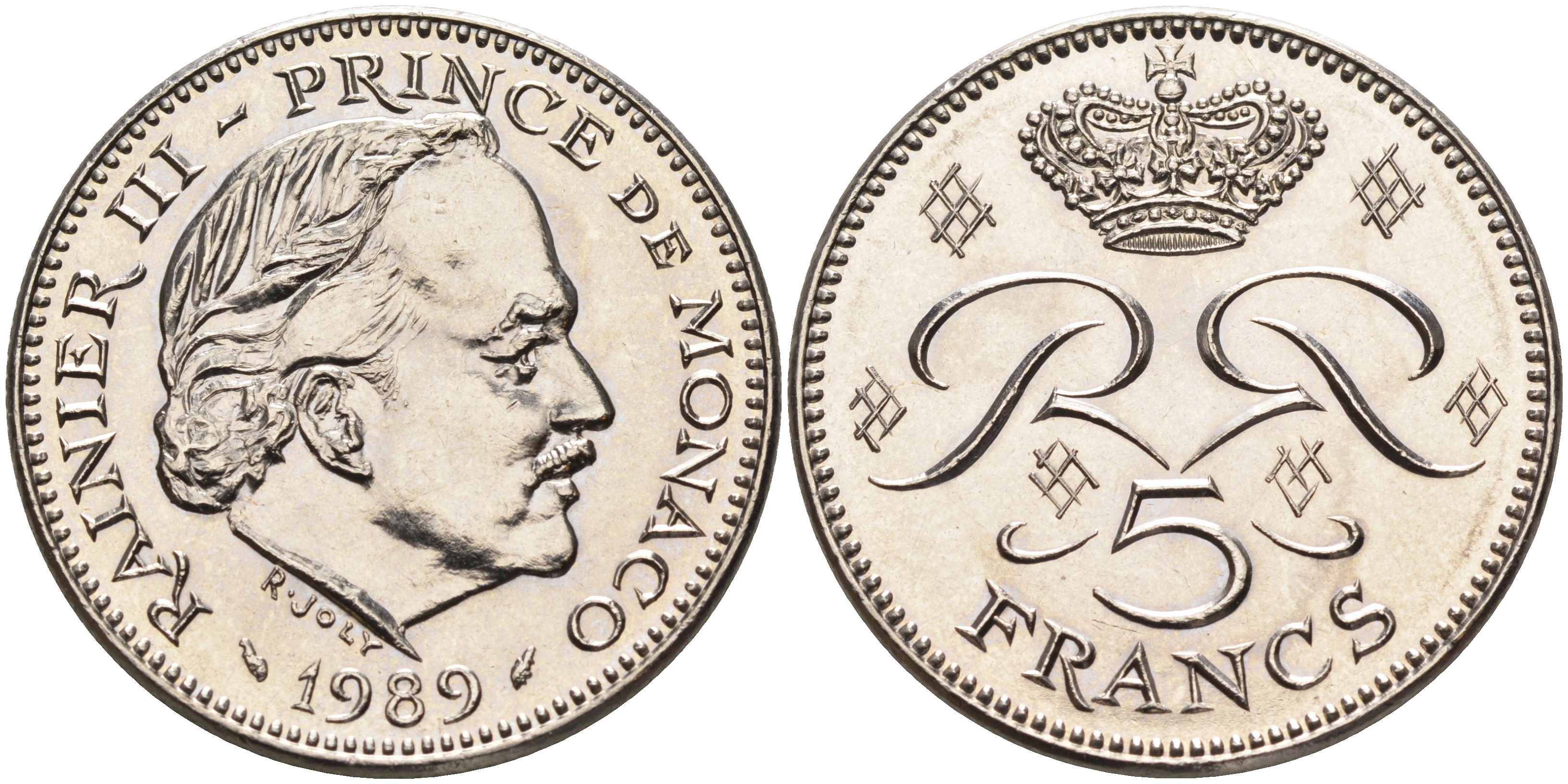 Монако 5 франков 1989 Ренье III (1949-2005) KM 150  медно-никель плакированный никелем    4140-1125