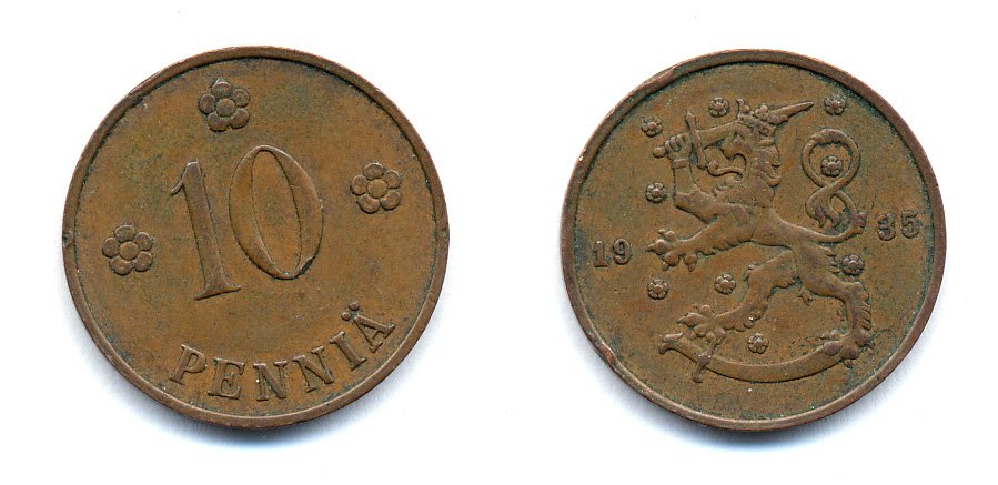 Финляндия 10 пенни 1935 республика (1918-1962) KM 24 медь 51-5446