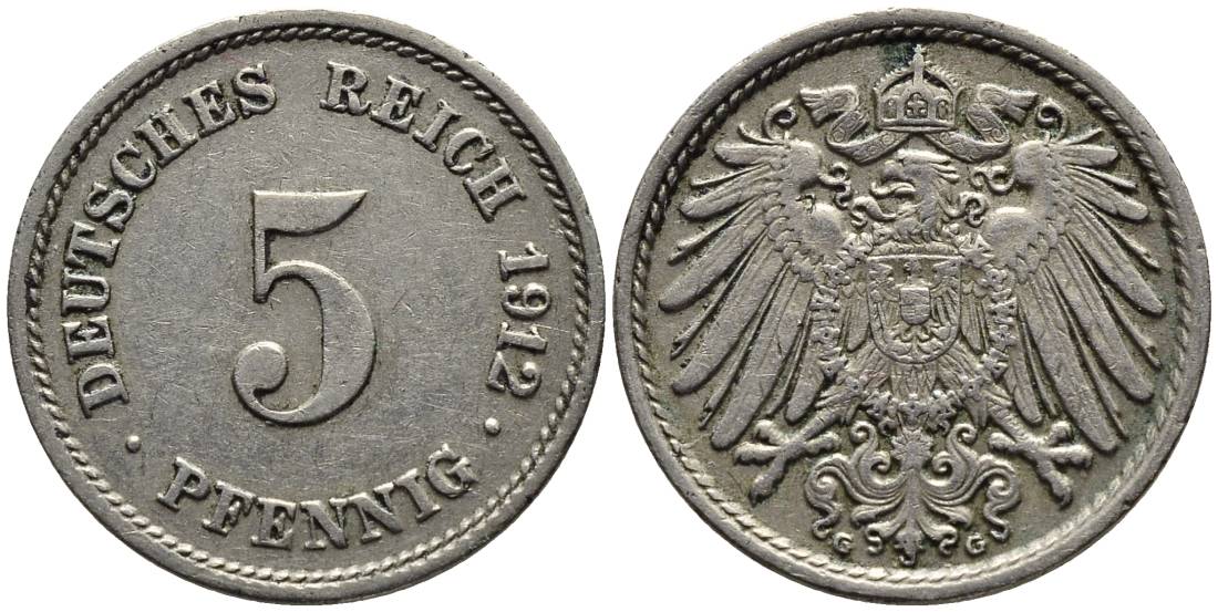 ГЕРМАНИЯ 5 ПФЕННИГОВ 1912 G KM 11, Jager 12, Weege 6 медно-никель 4547-533