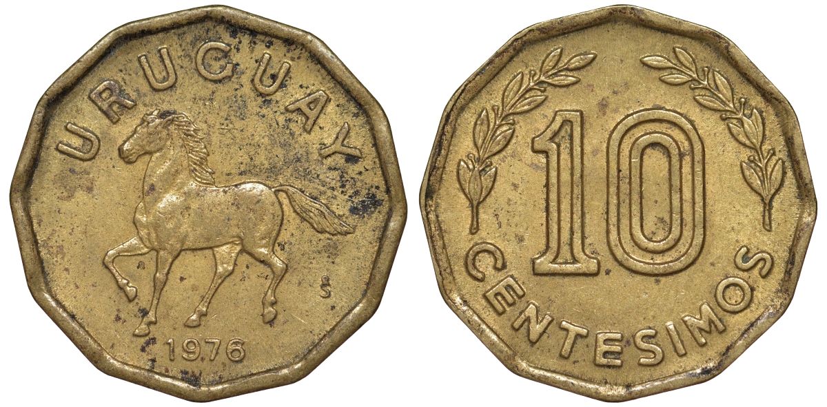 Уругвай 10 сентесимо 1976 KM 66 алюминиевая бронза 4164-717