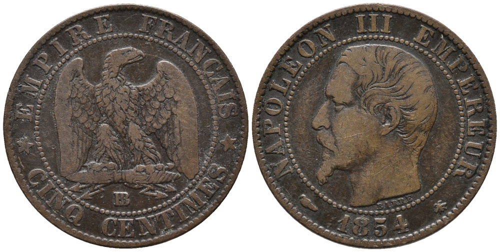Франция 5 сантимов 1854 BB, Наполеон III (1852-1870) KM 777.3, Le Franc 116.10 бронза бронза 67-121