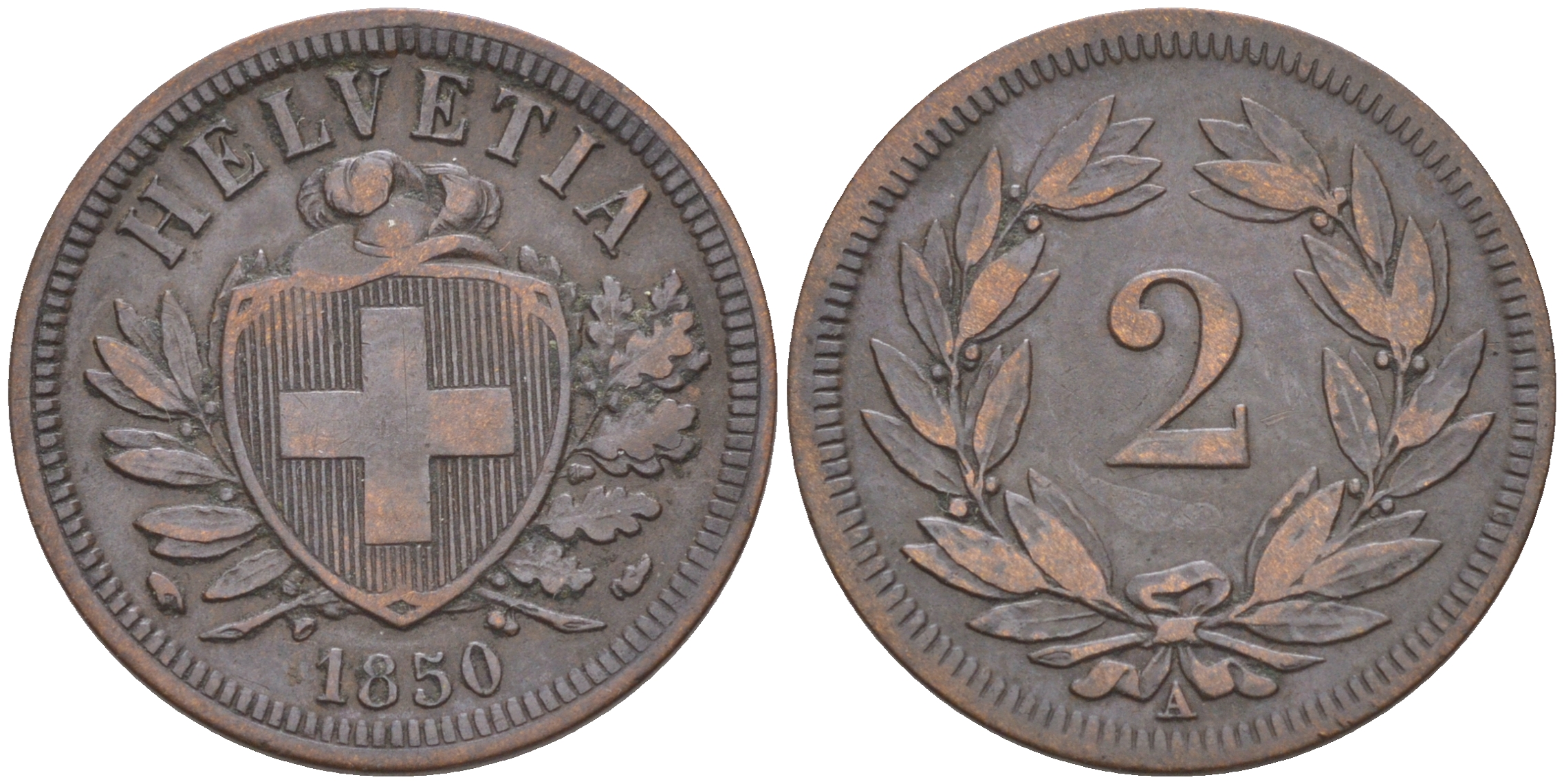 ШВЕЙЦАРИЯ 2 РАППЕНА 1850 А, ПЕРВЫЙ ГОД KM 4.1 бронза 188-263