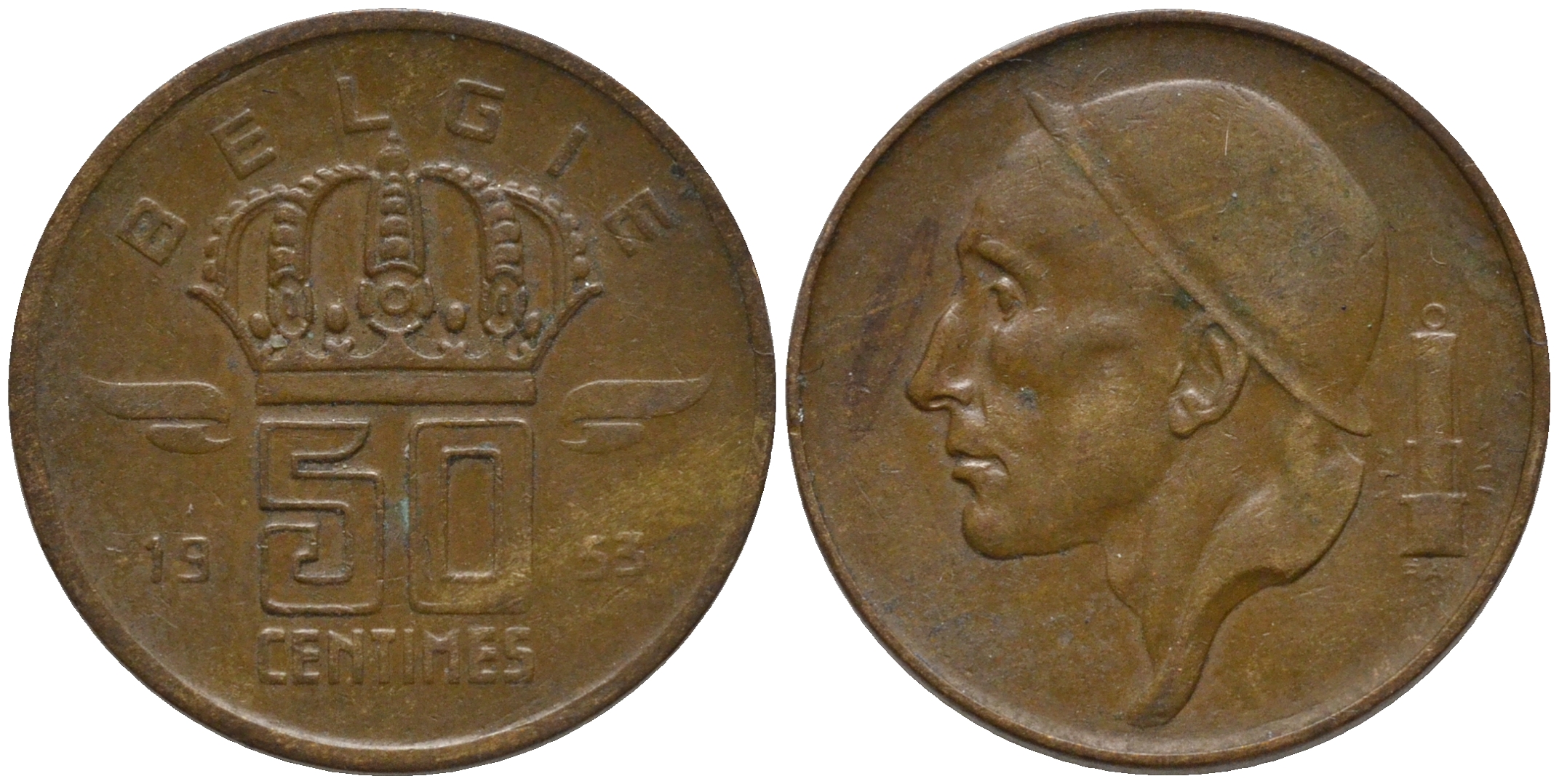 БЕЛЬГИЯ 50 САНТИМОВ 1953 BELGIE, БОДУЭН I (1951-1993) KM 145 бронза 4532-1034