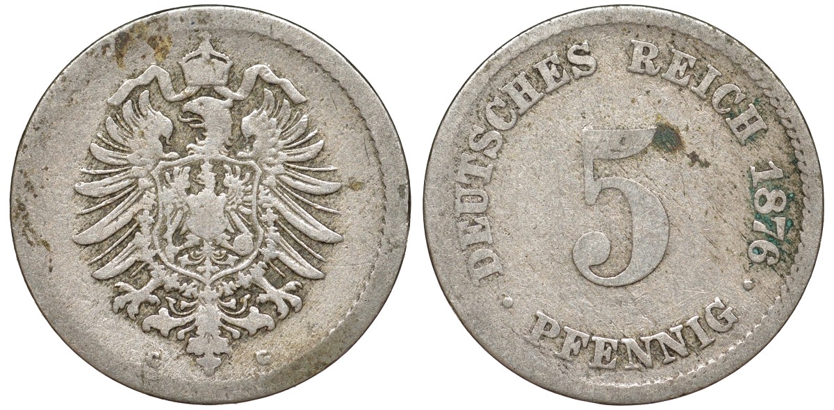 Германия 5 пфеннигов 1876 G, старогербовка KM 3, J. 3 медно-никель 51-3816
