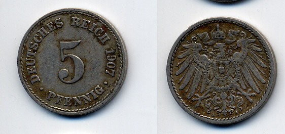 ГЕРМАНИЯ 5 ПФЕННИГОВ 1907 A, KM 11, J. 12 медно-никель 84-917