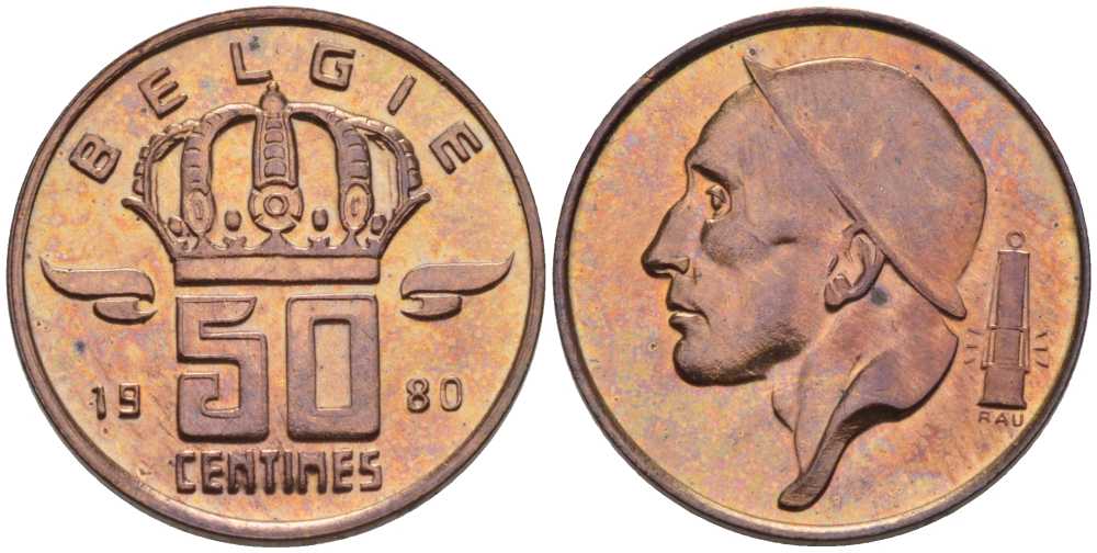 БЕЛЬГИЯ 50 САНТИМОВ 1980 BELGIE, БОДУЭН I (1951-1993) KM 149.1 бронза UNC 214-225