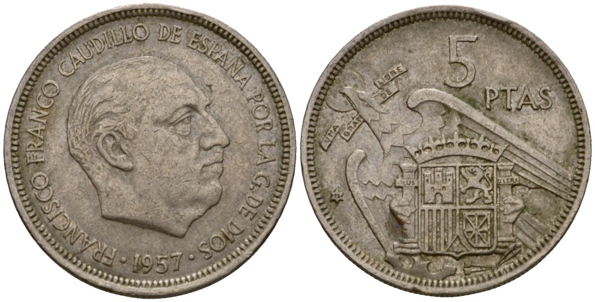 Испания 5 песет 1957 (72) Франсиско Франко (1939-1975) KM 786 медно-никель 186-723