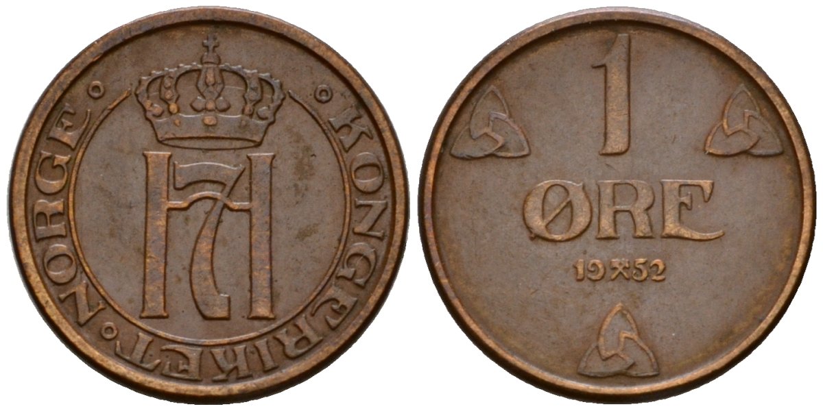 Норвегия 1 эре 1952 Хокон VII (1905-1957) KM 367 бронза 4602-251