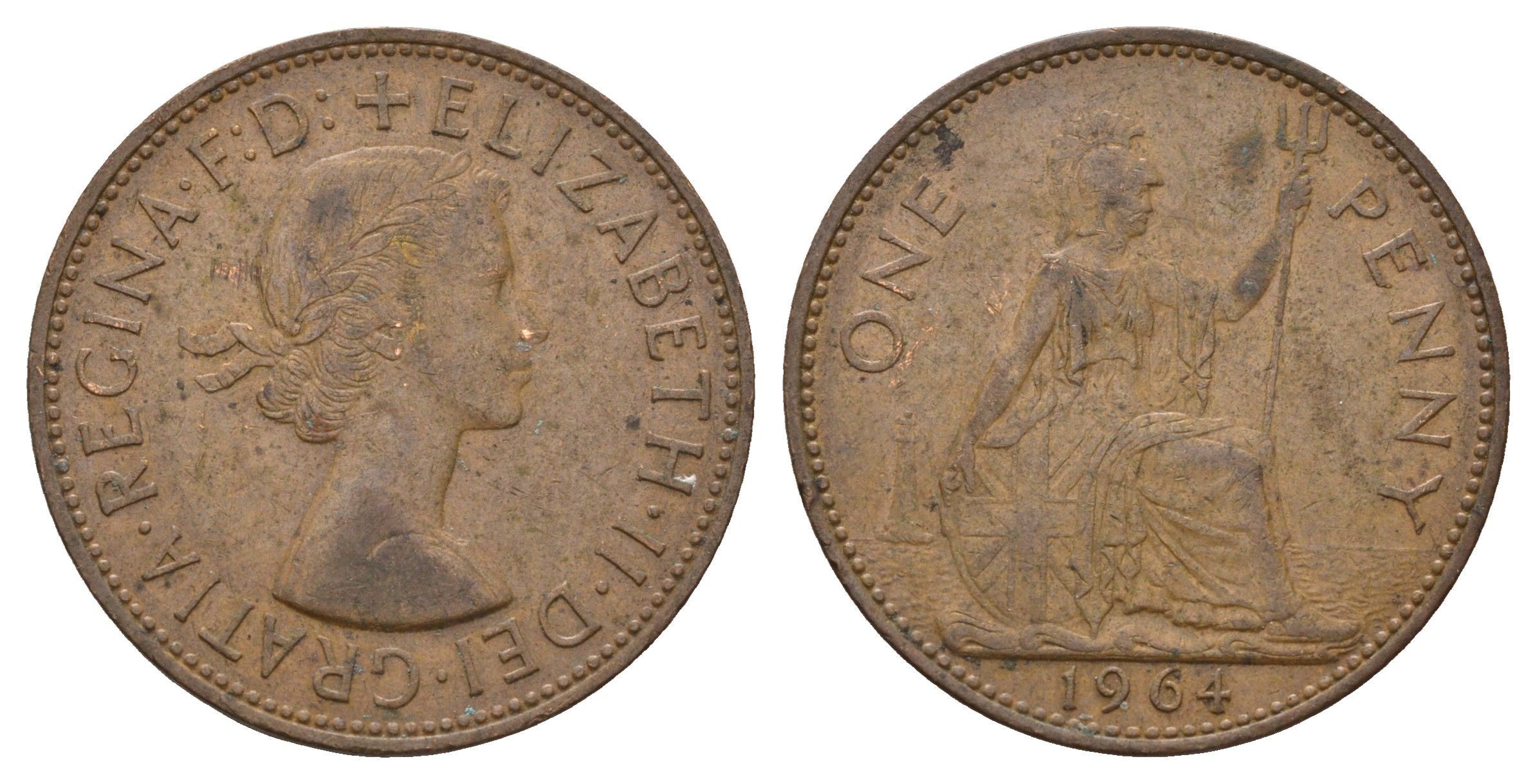 Великобритания 1 пенни 1964 Елизавета II (1952-2022) KM 897, Spink 4157 бронза 221-922