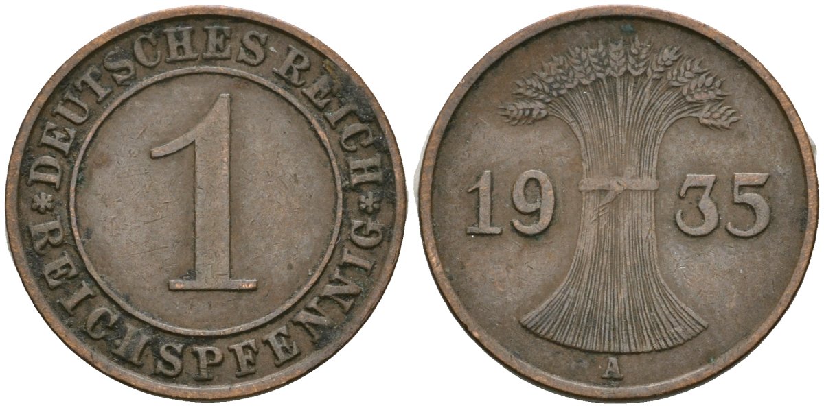 Германия 1 рейхспфенниг 1935 A KM 37, J. 313 бронза 4528-557