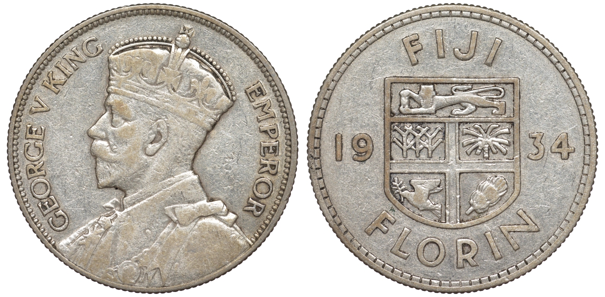 Фиджи 1 флорин 1934 Георг V (1910-1936), герб Фиджи KM 5 серебро    91-1213