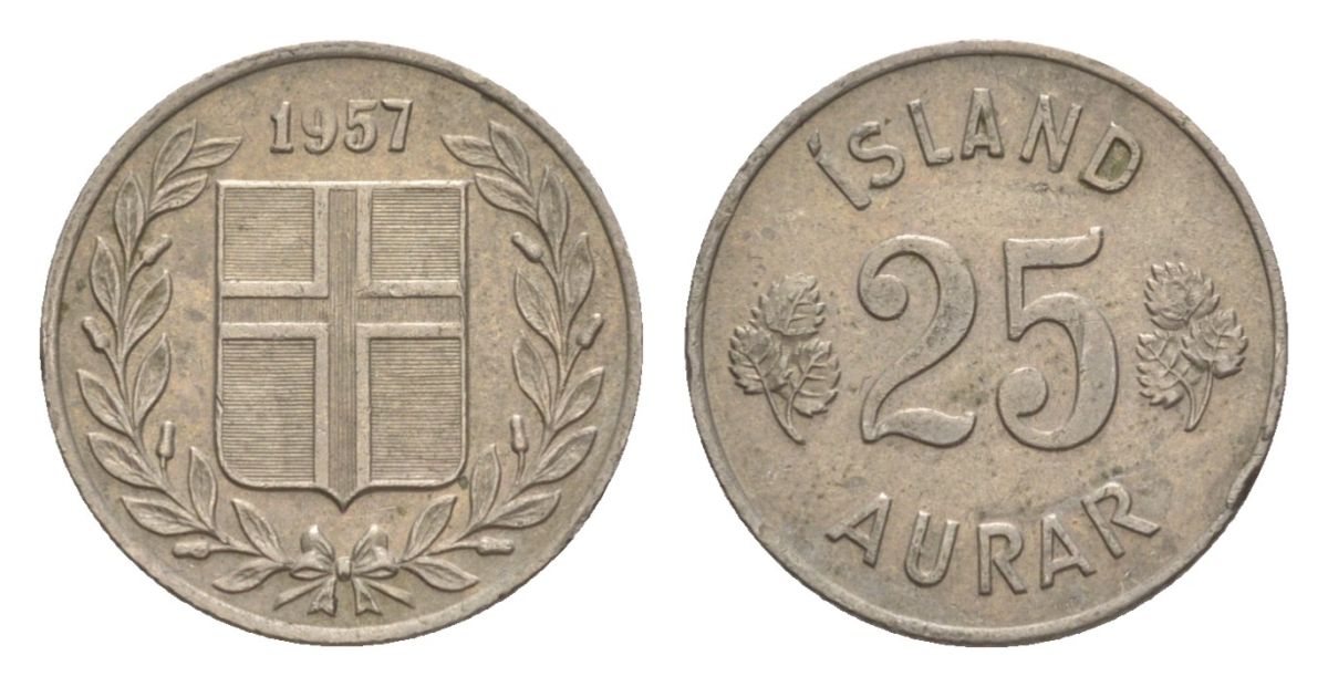 Исландия 25 эйре 1957 KM 11 медно-никель 4632-947
