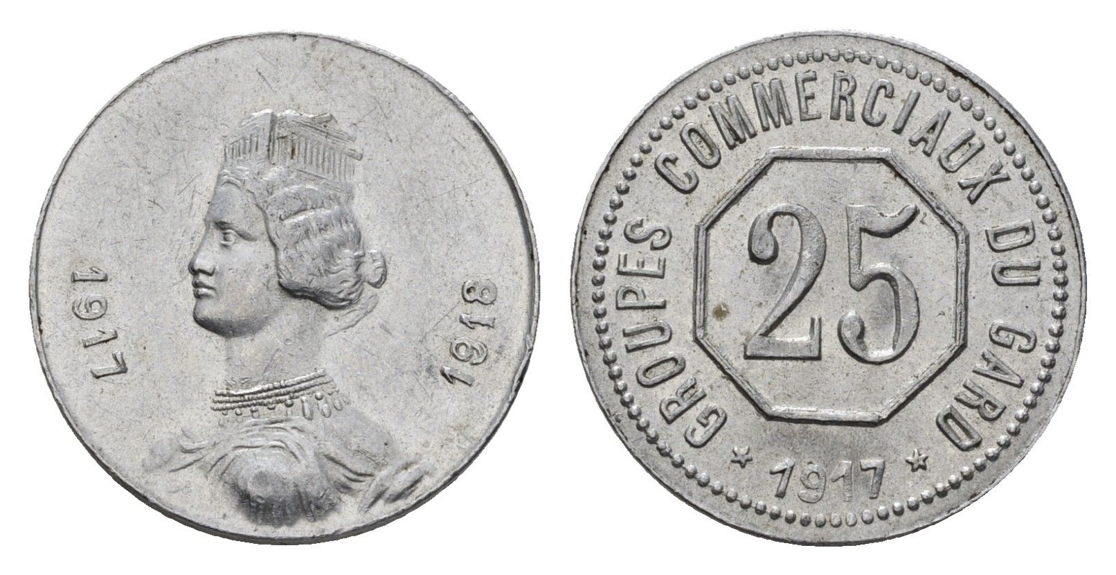 Франция, Департамент садоводства жетон в 25 сантимов 1917 Elie mon 10.2 алюминий UNC 5010-1714