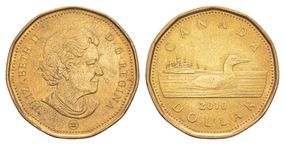 Канада 1 доллар 2010 Елизавета II (1952-2022), утка KM 495 никель плакированный позолоченной бронзой 4631-824