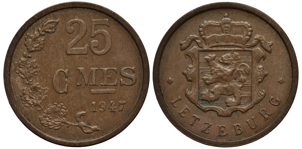 Люксембург 25 сантимов 1947 Шарлотта (1918-1964) KM 45 бронза 4538-842