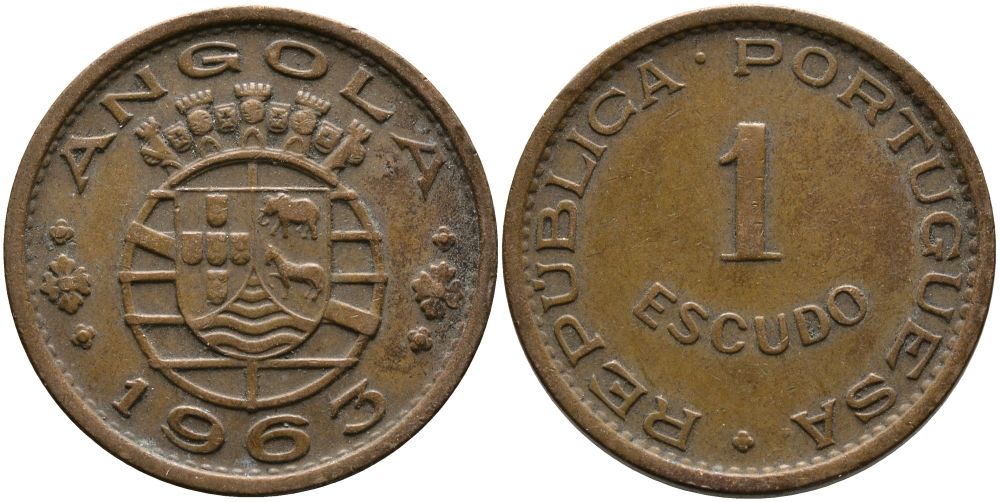 Португальская Ангола 1 эскудо 1963 KM 76 бронза 33-923