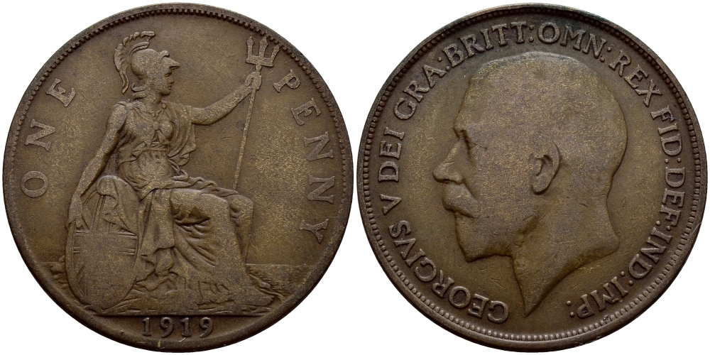 Великобритания 1 пенни 1919 Георг V (1910-1936) KM 810, Spink 4051 бронза 179-953