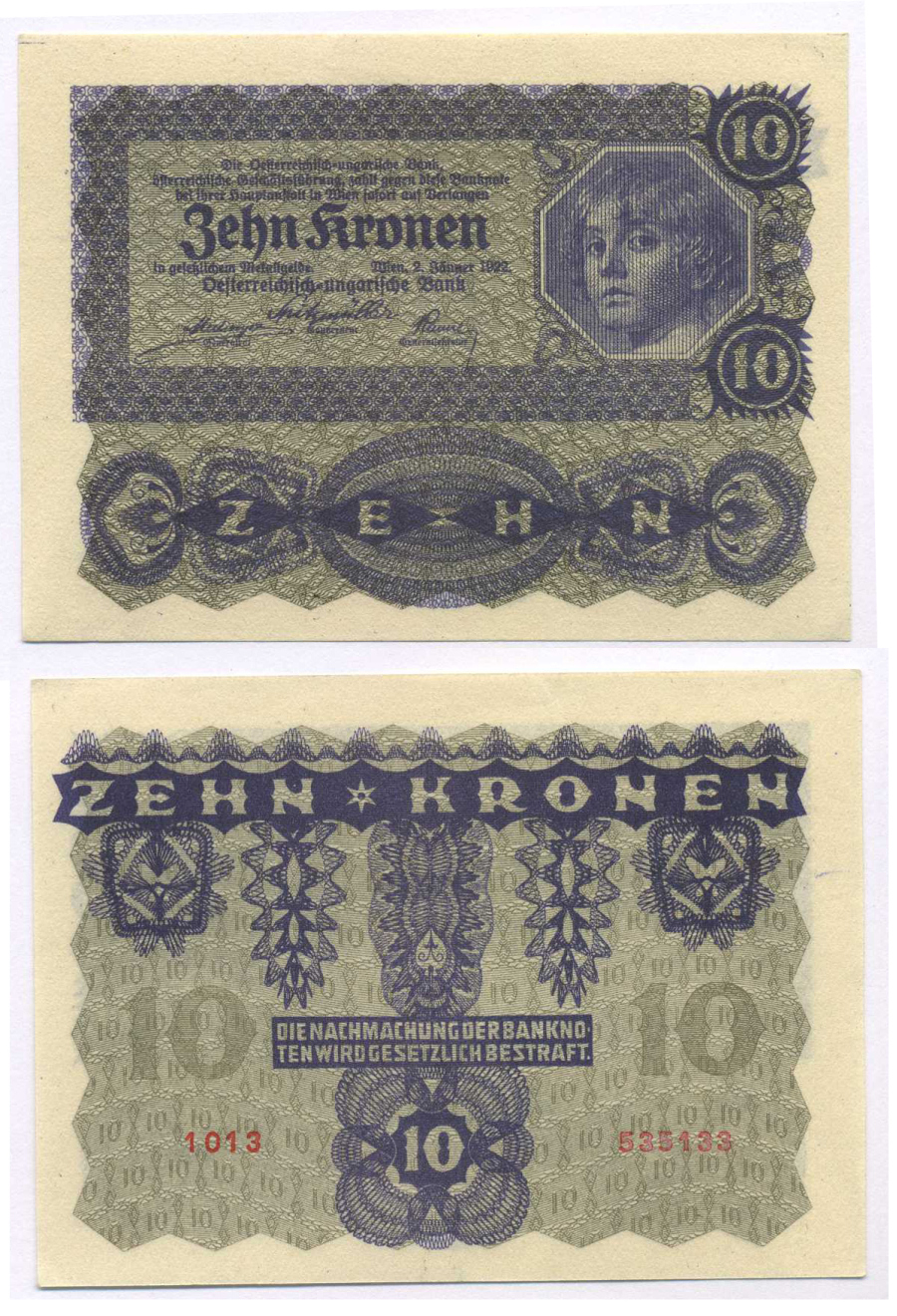 АВСТРИЯ 10 КРОН 1922 Pick 75 бумага UNC (ПРЕСС) 8588-42-2-2