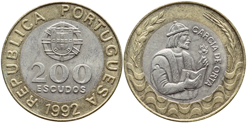 Португалия 200 эскудо 1992 Гарсия Де Орта (1501-1568) KM 655 биметалл 4394-823