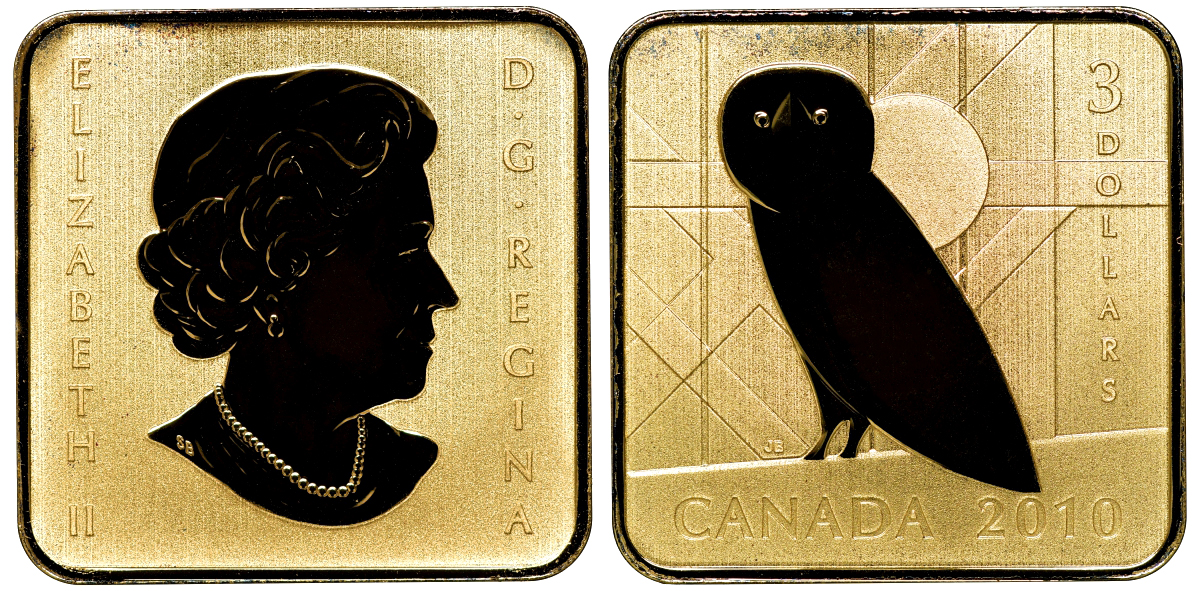 Канада 3 доллара 2010 сова, позолота KM NEW серебро PROOF 4-3-4-17