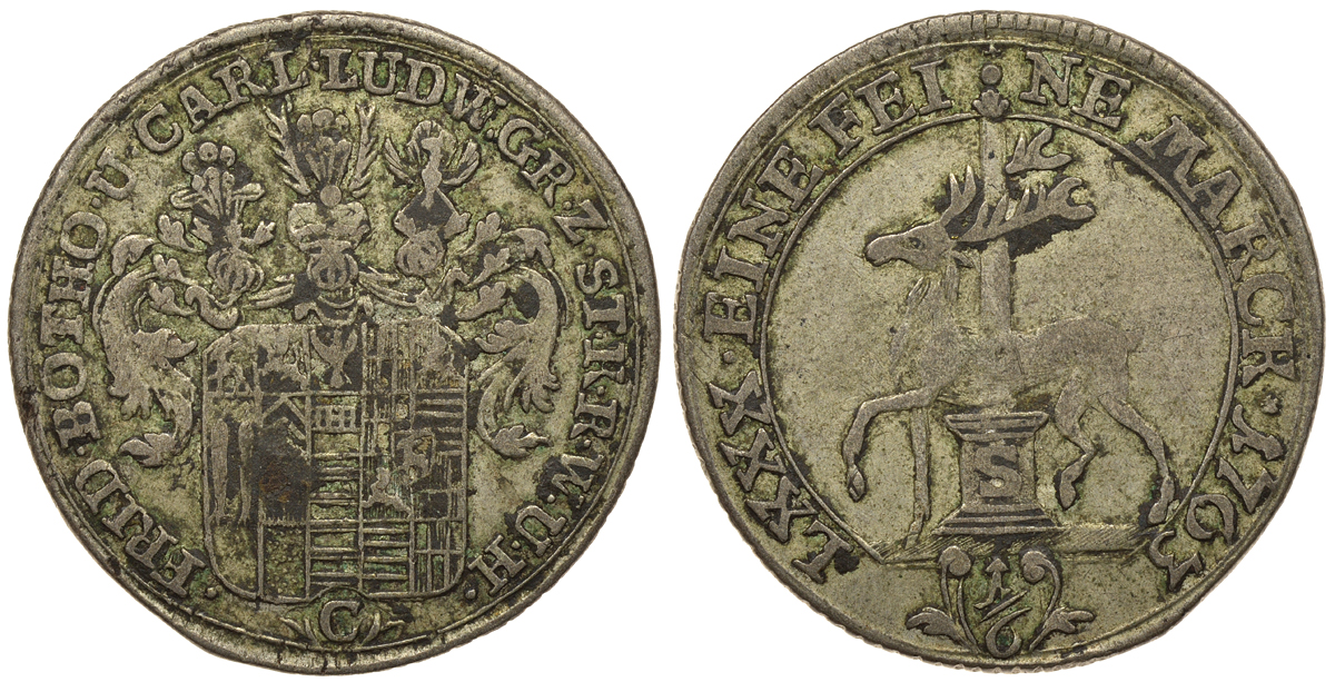 Штольберг-Штольберг 1/6 талера 1763 C, KM 32a серебро 413-6131