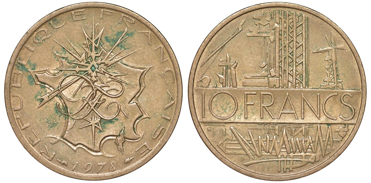 Франция 10 франков 1978 тип Матье KM 940, Le Franc 365.11-12 никель латунь 51-4034