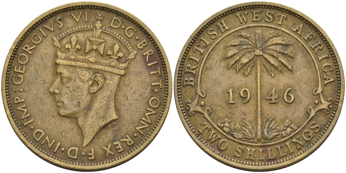 Британская Западная Африка 2 шиллинга 1946 KN, Георг VI (1936-1952) KM 24 никель-латунь 4367-525