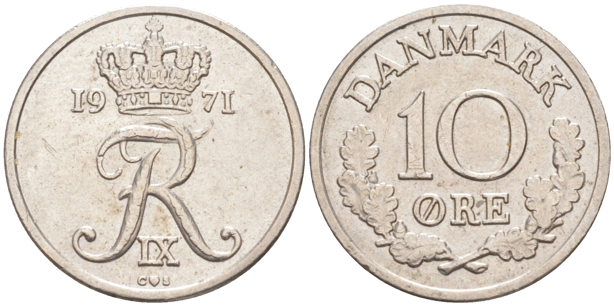 ДАНИЯ 10 ЭРЕ 1971 C; S, ФРЕДЕРИК IX (1947-1972) KM 849.1 медно-никель 105-527