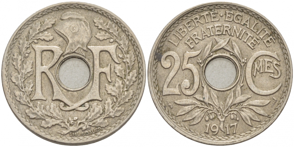 Франция 25 сантимов 1917 KM 867а медно-никель 633-1042