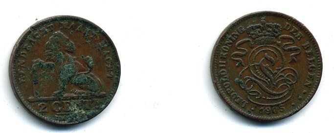БЕЛЬГИЯ 2 САНТИМА 1905 BELGEN KM 36 медь 41-747
