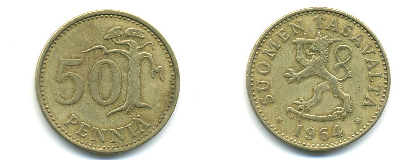 ФИНЛЯНДИЯ 50 ПЕННИ 1964 S KM 48 алюминиевая бронза 80-441