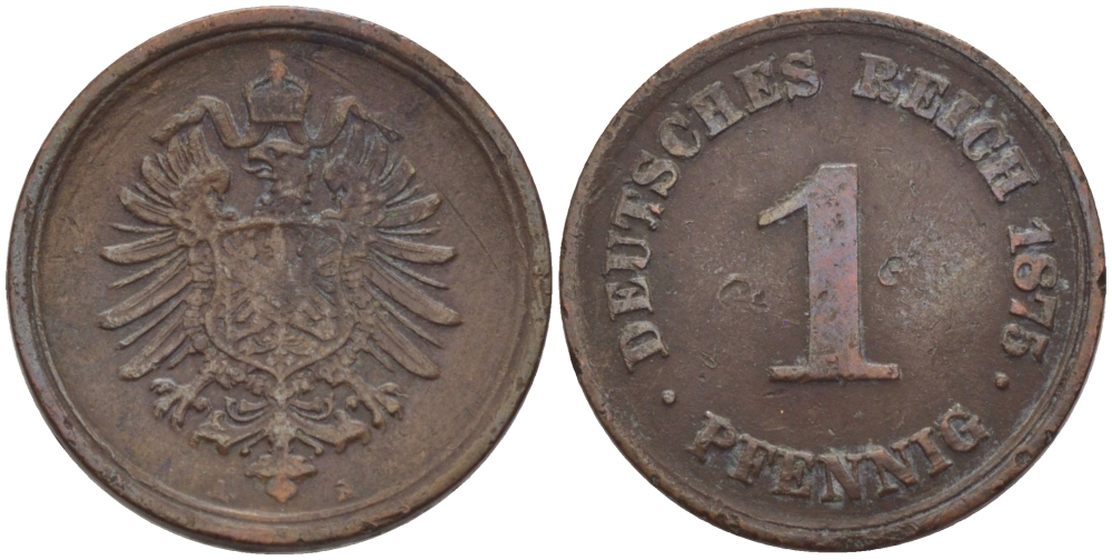 ГЕРМАНИЯ 1 ПФЕННИГ 1875 A, СТАРОГЕРБОВКА KM 1 , J. 1 медь 100-269