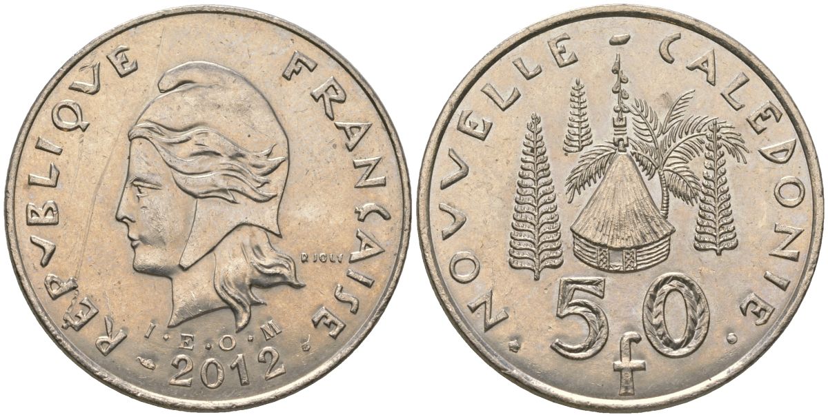 Французская Новая Каледония 50 франков 2012 хижина среди сосен и пальм, (IEOM) KM 13a, Schoen 15a, Lec 128i медно-никель 115-1035