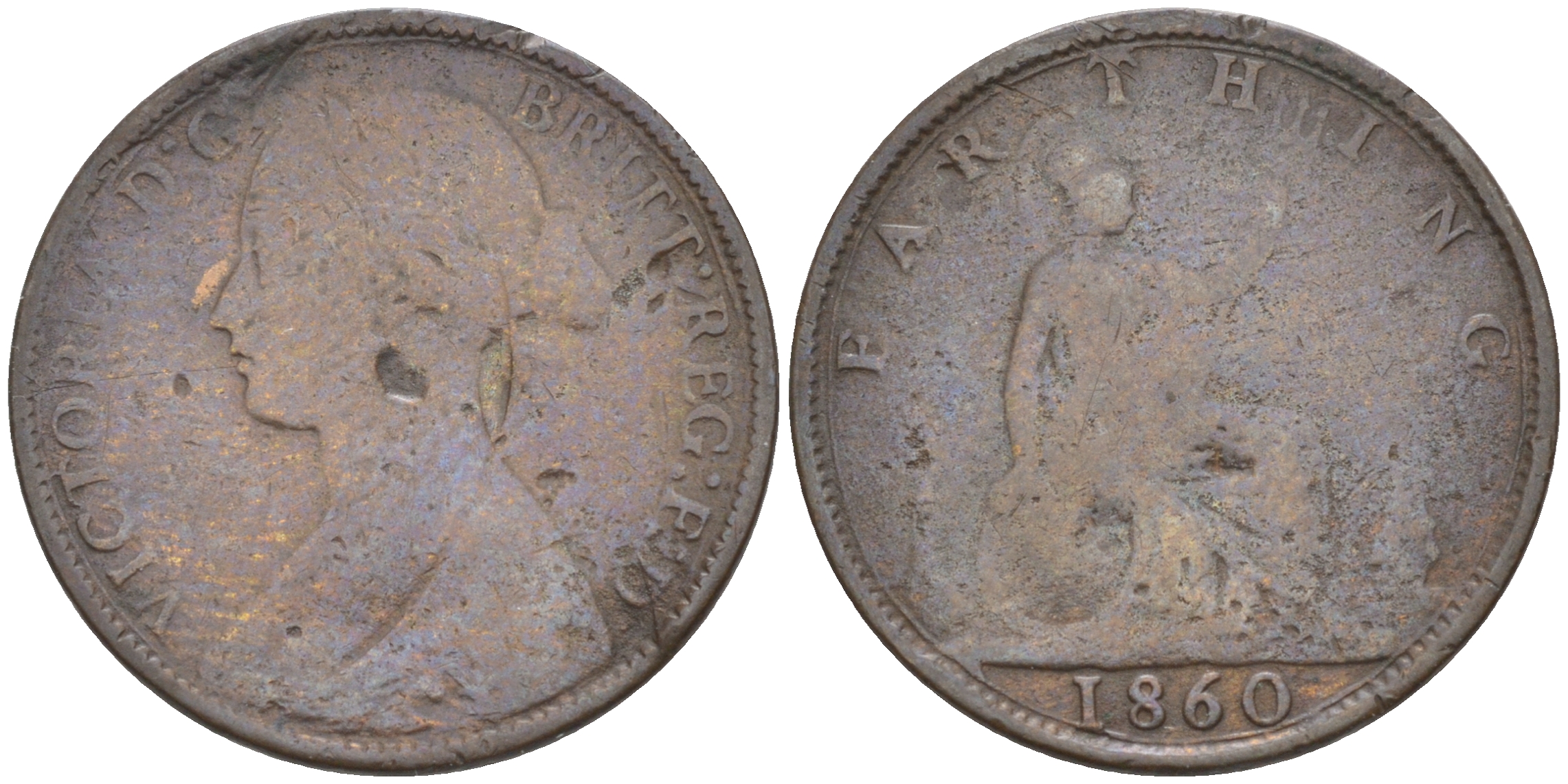 Великобритания 1 фартинг 1860 Виктория (1837-1901) KM 747.2, Spink 3958 бронза 63-215