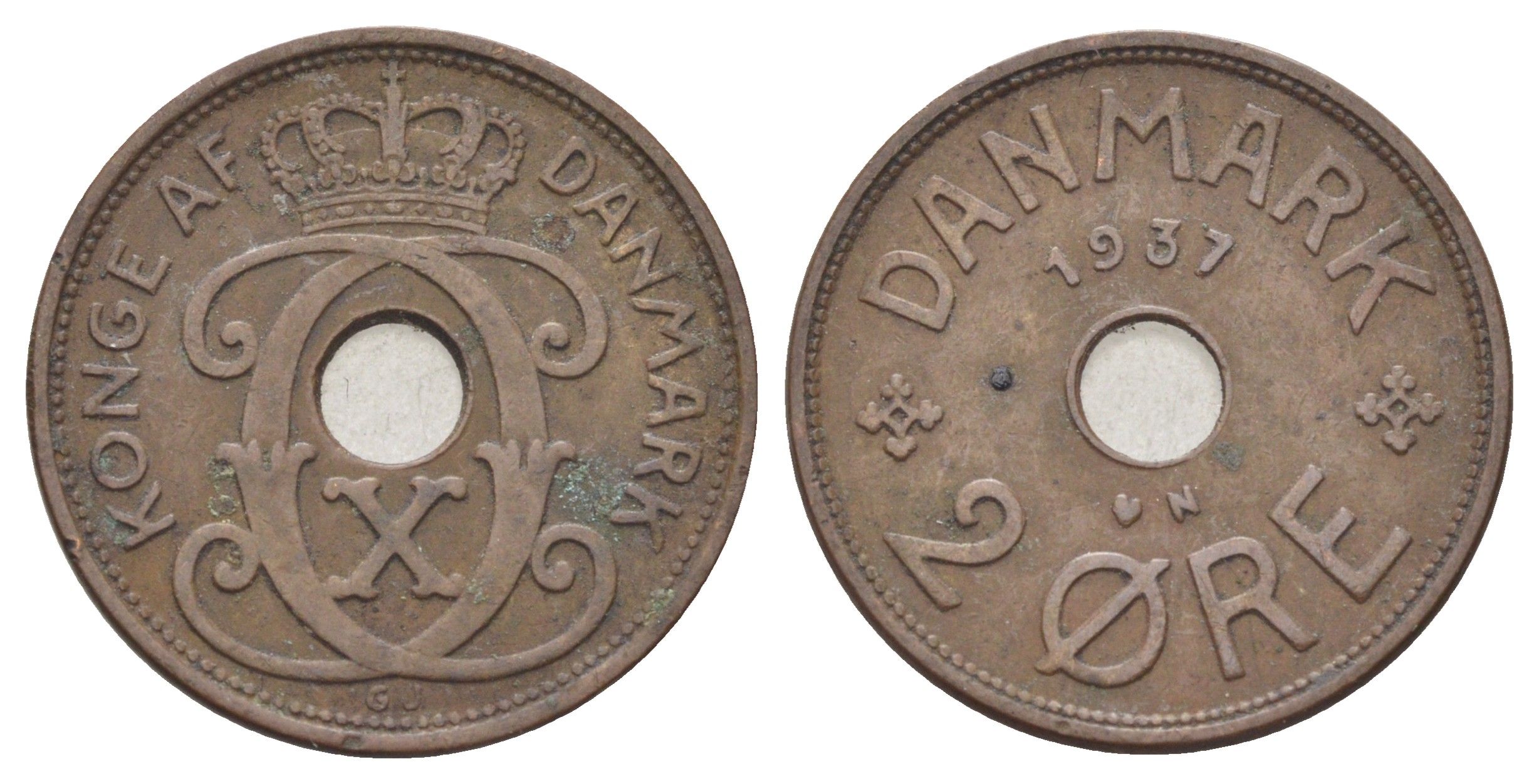 Дания 2 эре 1937 N, Кристиан X (1912-1947) KM 827 бронза 4701-846