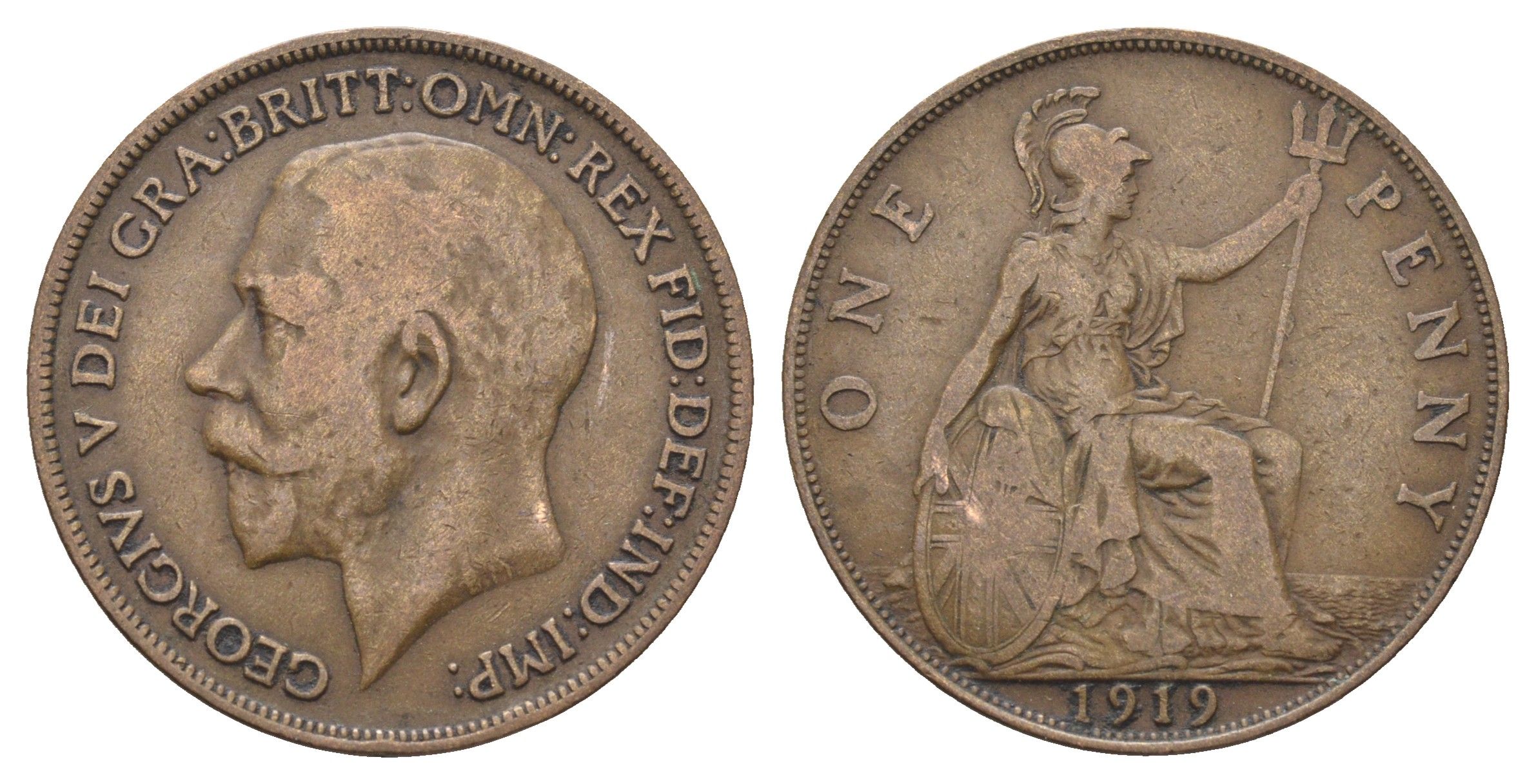 Великобритания 1 пенни 1919 Георг V (1910-1936) KM 810, Spink 4051 бронза 4661-621