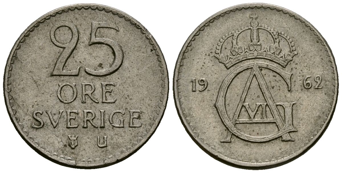 Швеция 25 эре 1962 Густав VI Адольф (1950-1973) KM 836 медно-никель 4136-914