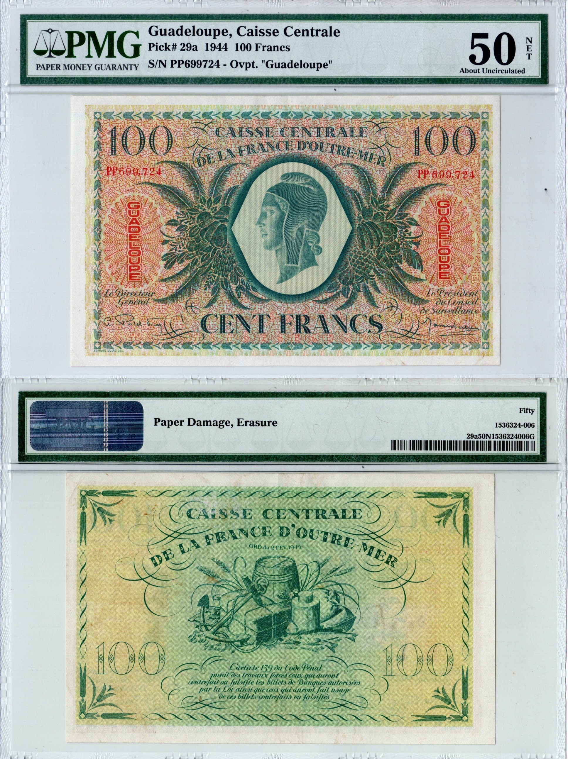 Гваделупа 100 франков 1944 в слабе PMG 50 (about Uncirculated). Свобода, товары торговл Pick 29 a  бумага  aUNC 452-3-27