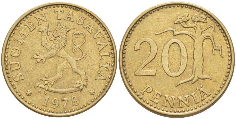 ФИНЛЯНДИЯ 20 ПЕННИ 1978 K KM 47 алюминиевая бронза 3718-637