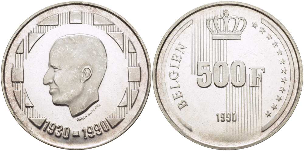 Бельгия 500 франков 1990 Belgien, 60 лет королю Бодуэну I KM 180 серебро 1519-132